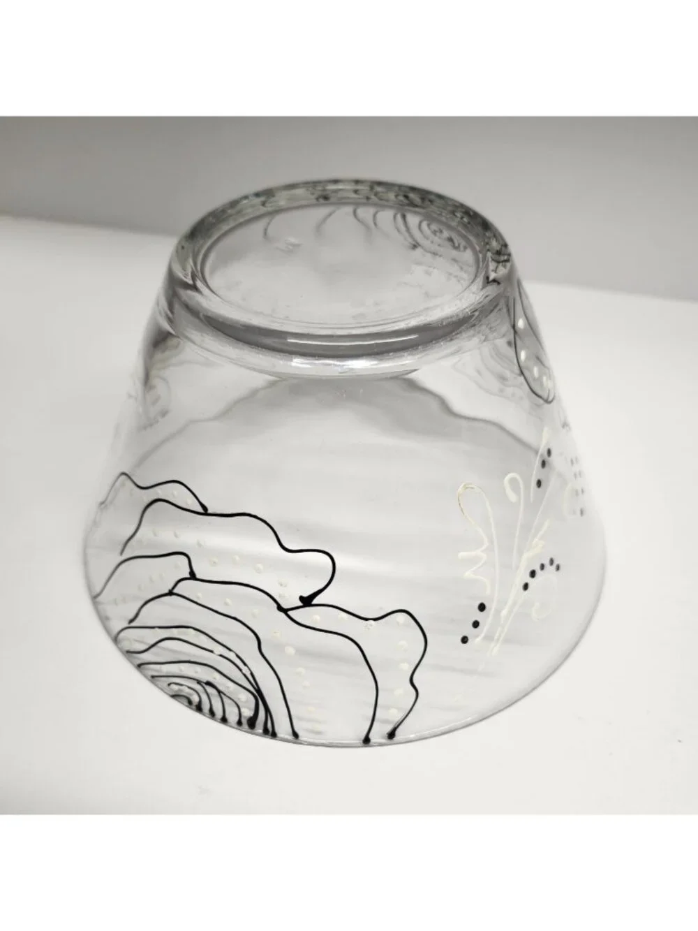 Floral Hand Painted Glass Bowl Black & White Rose